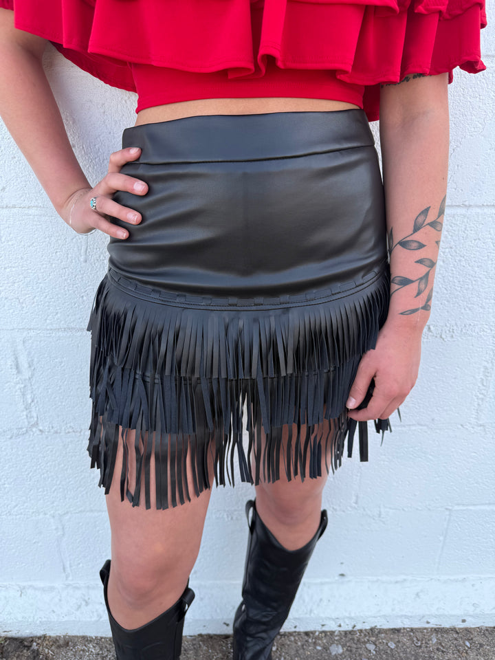 L&B Black Stitched Tier Fringe Skirt