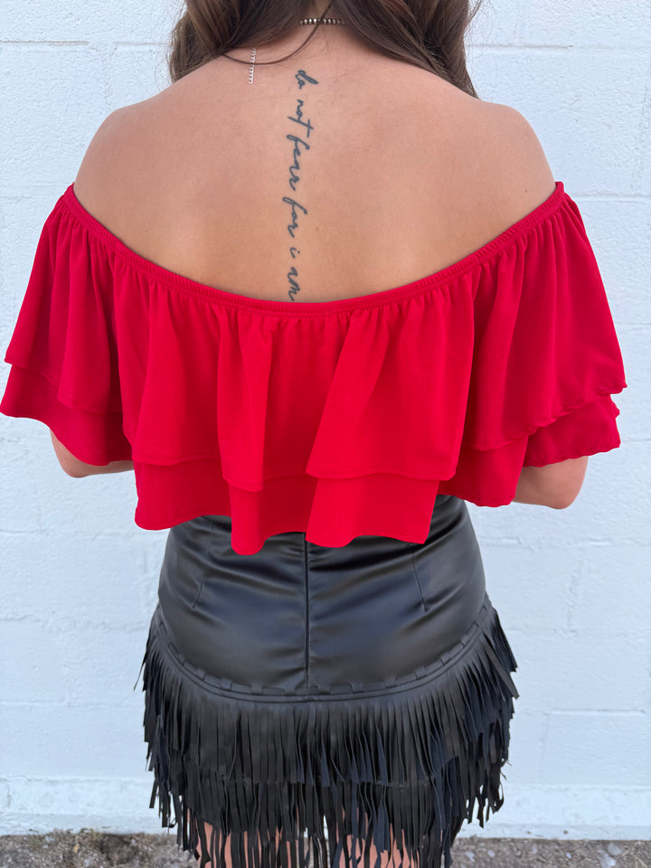Red Off The Shoulder Strap Ruffle Crop Top