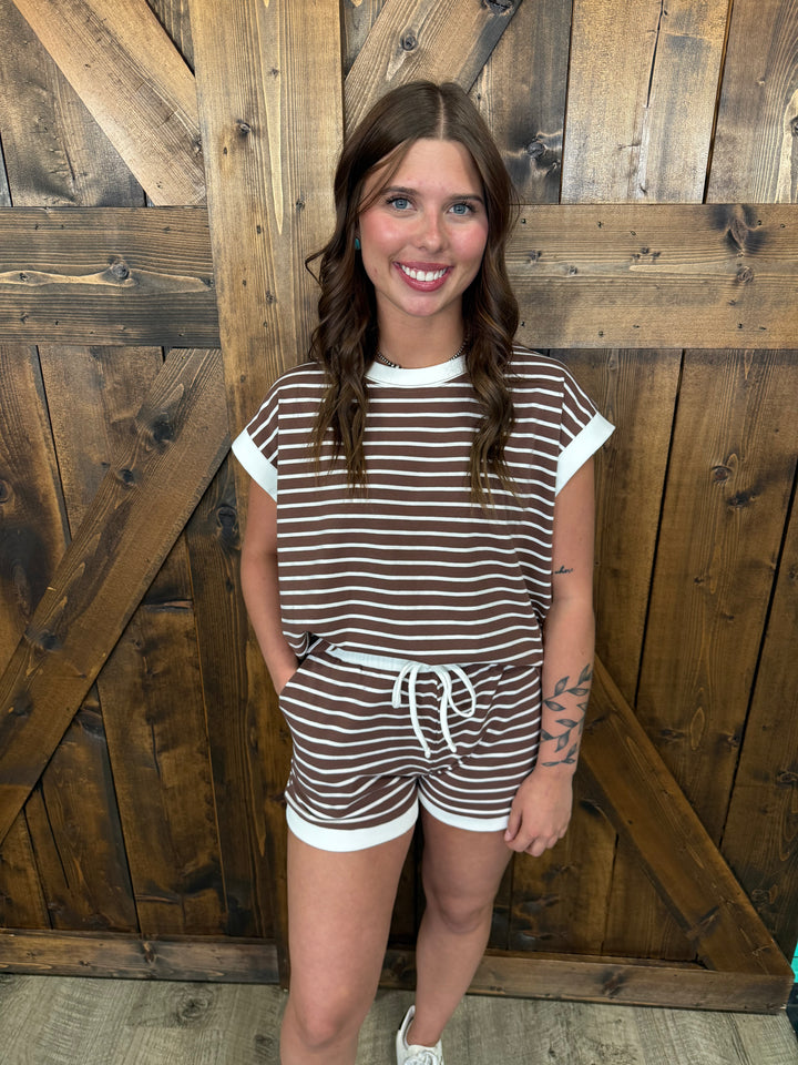 Brown Stripe Contrast Trim SS Top & Short Set