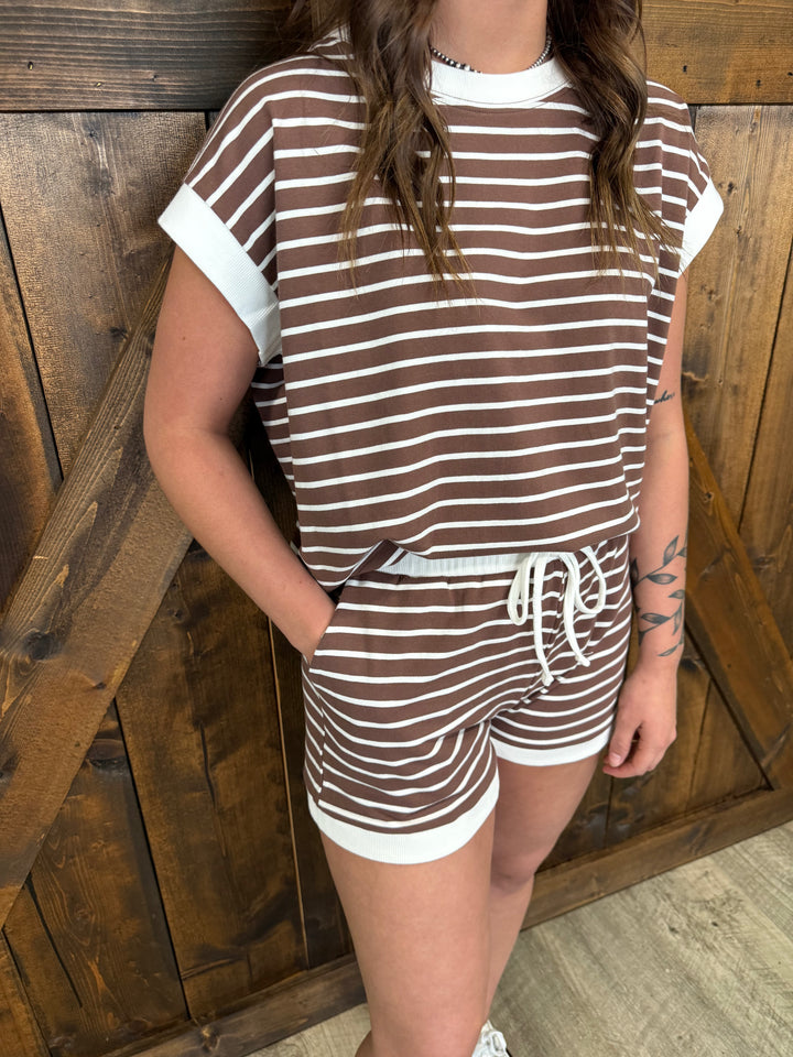 Brown Stripe Contrast Trim SS Top & Short Set