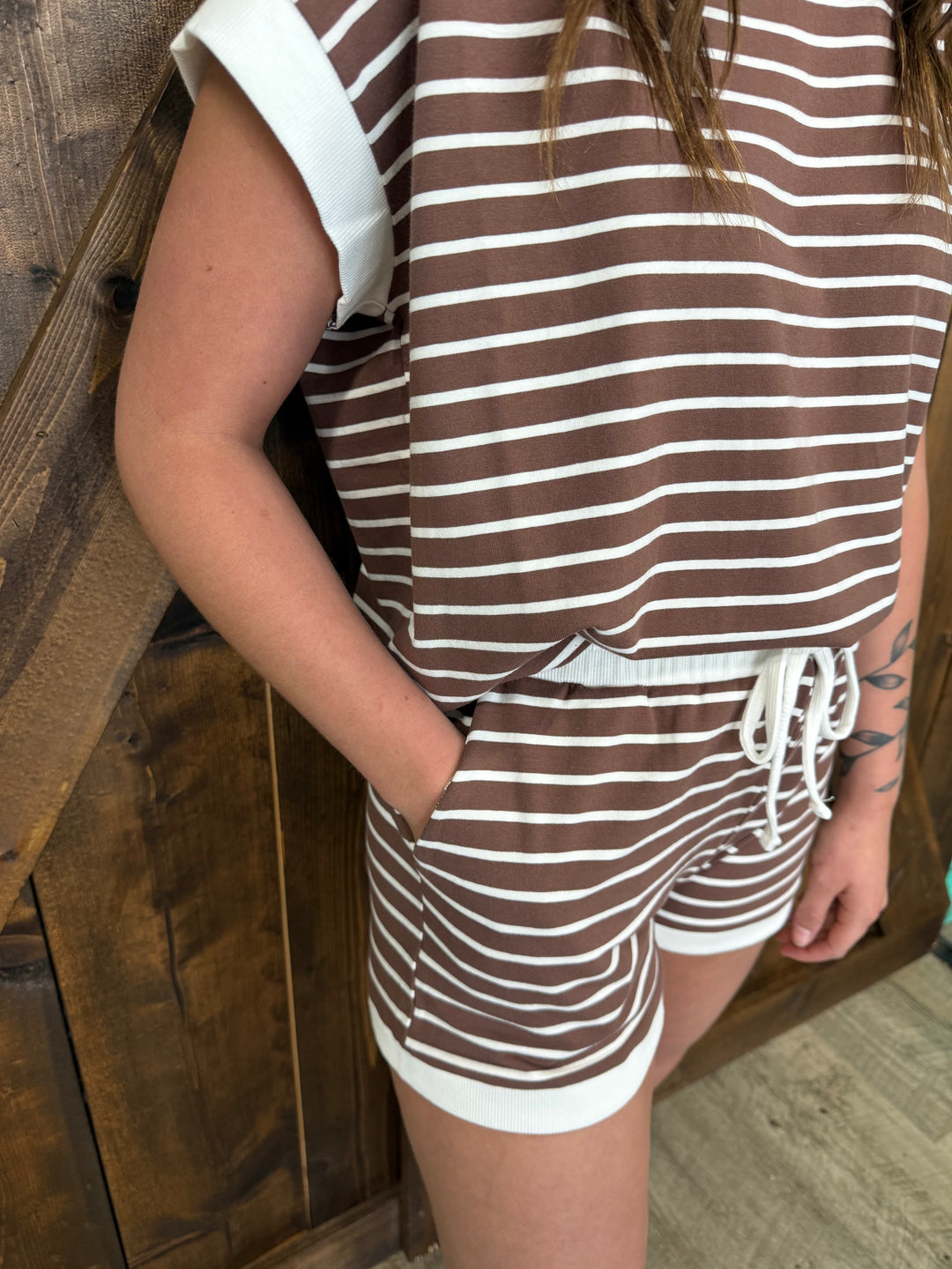 Brown Stripe Contrast Trim SS Top & Short Set