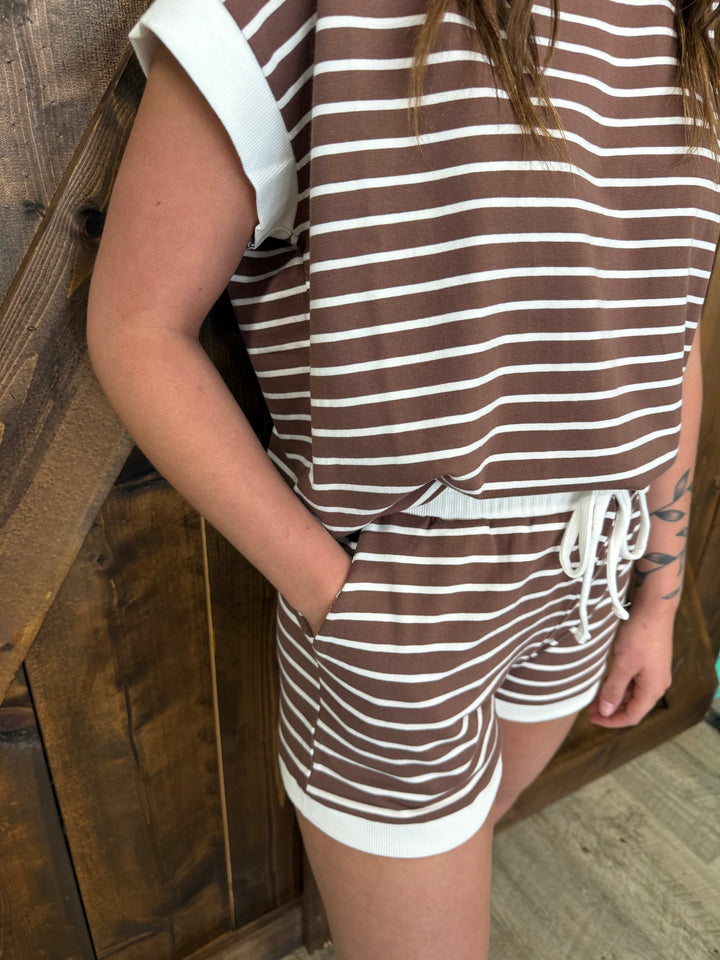 Brown Stripe Contrast Trim SS Top & Short Set