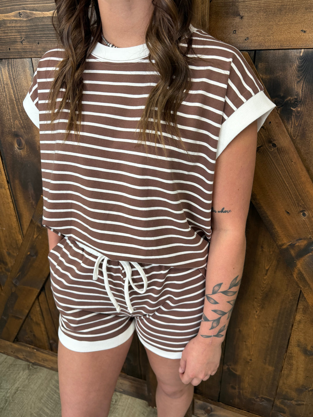 Brown Stripe Contrast Trim SS Top & Short Set