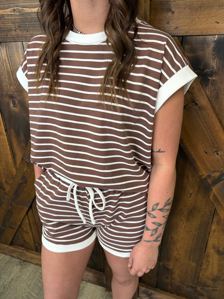 Brown Stripe Contrast Trim SS Top & Short Set