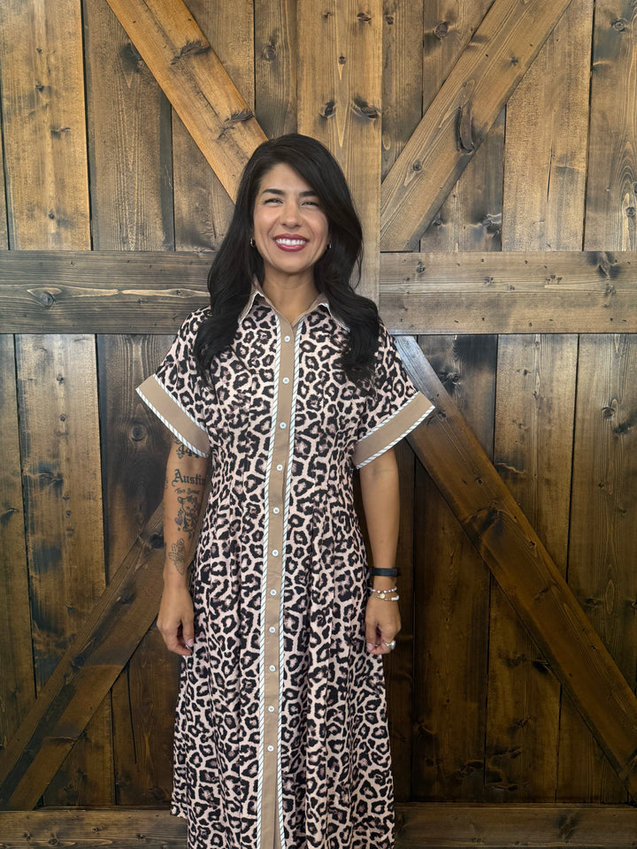 Leopard Button Up Midi Dress w/ Collar