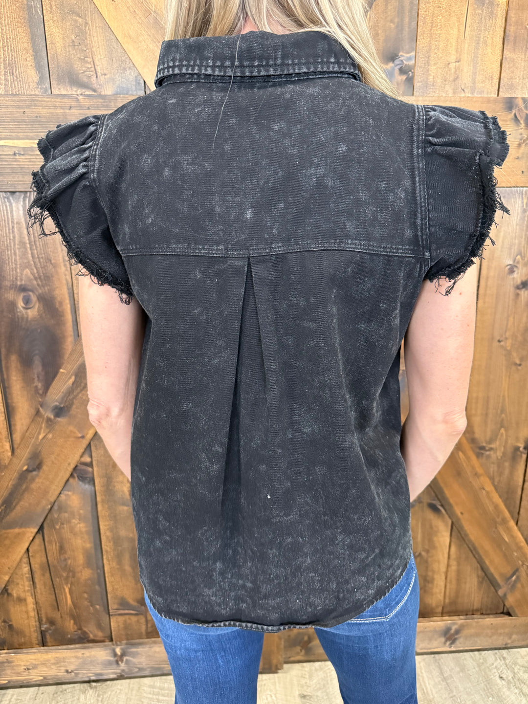 Mineral Washed Frayed Flutter Sleeve Buttoned UpTop - 3 Colors