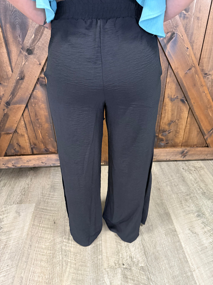 Black Crinkle Wide Leg Palazzo Pants*