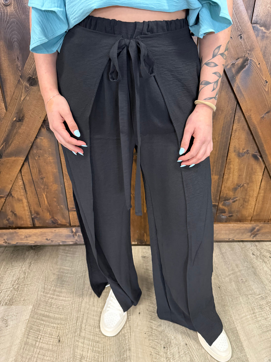 Black Crinkle Wide Leg Palazzo Pants*