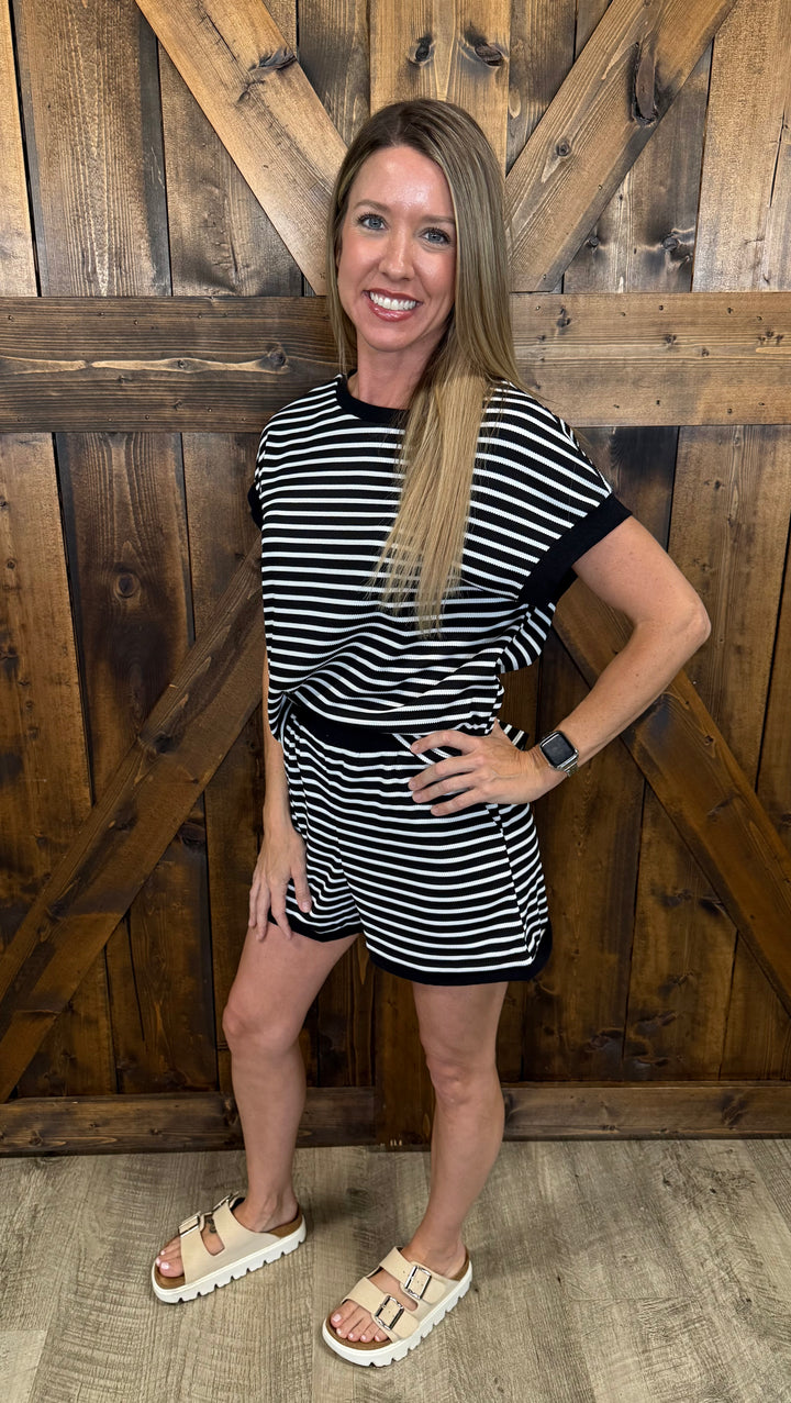 Black Round Neck Short Sleeved Striped Short Set