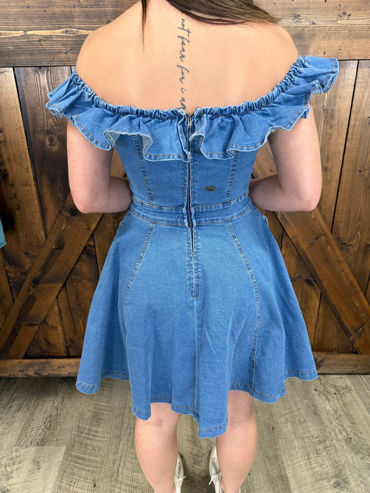 L&B Denim Off Shoulder Ruffle Dress