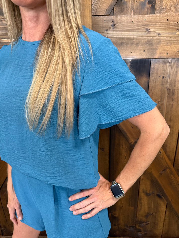 Peacock Blue Women's Round Neck Short Sleeve Set