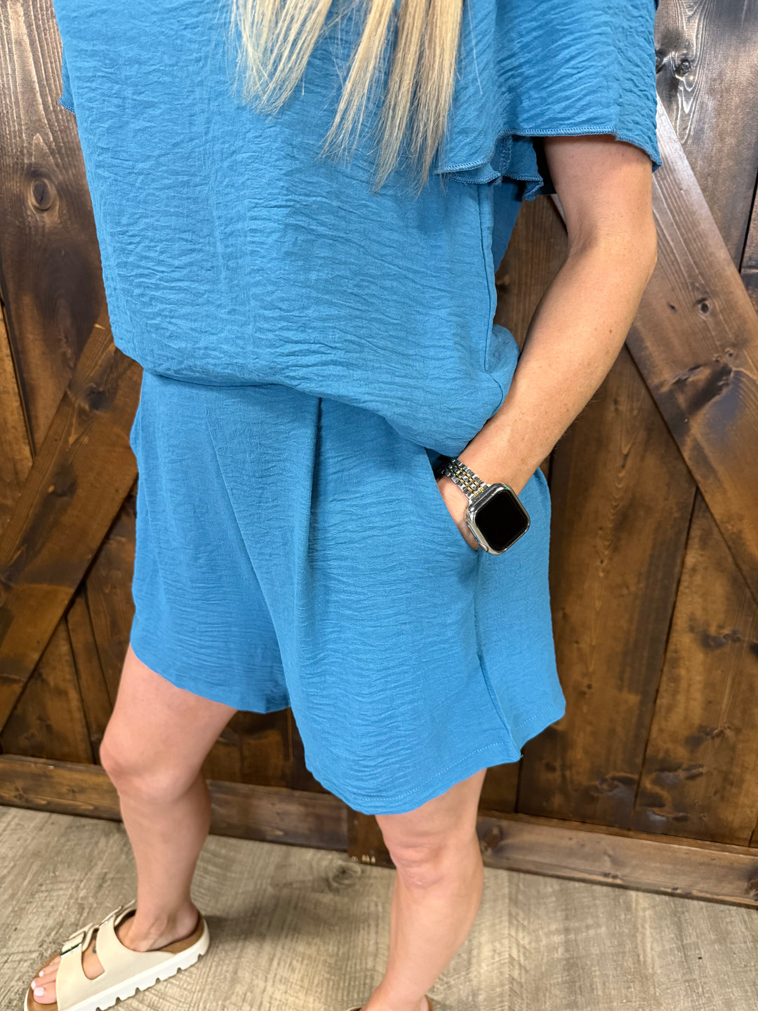 Peacock Blue Women's Round Neck Short Sleeve Set
