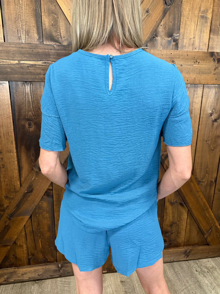 Peacock Blue Women's Round Neck Short Sleeve Set