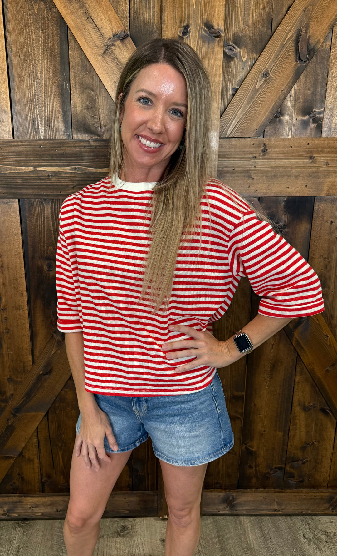 Red Round Neck Striped Back Bow Tie Top
