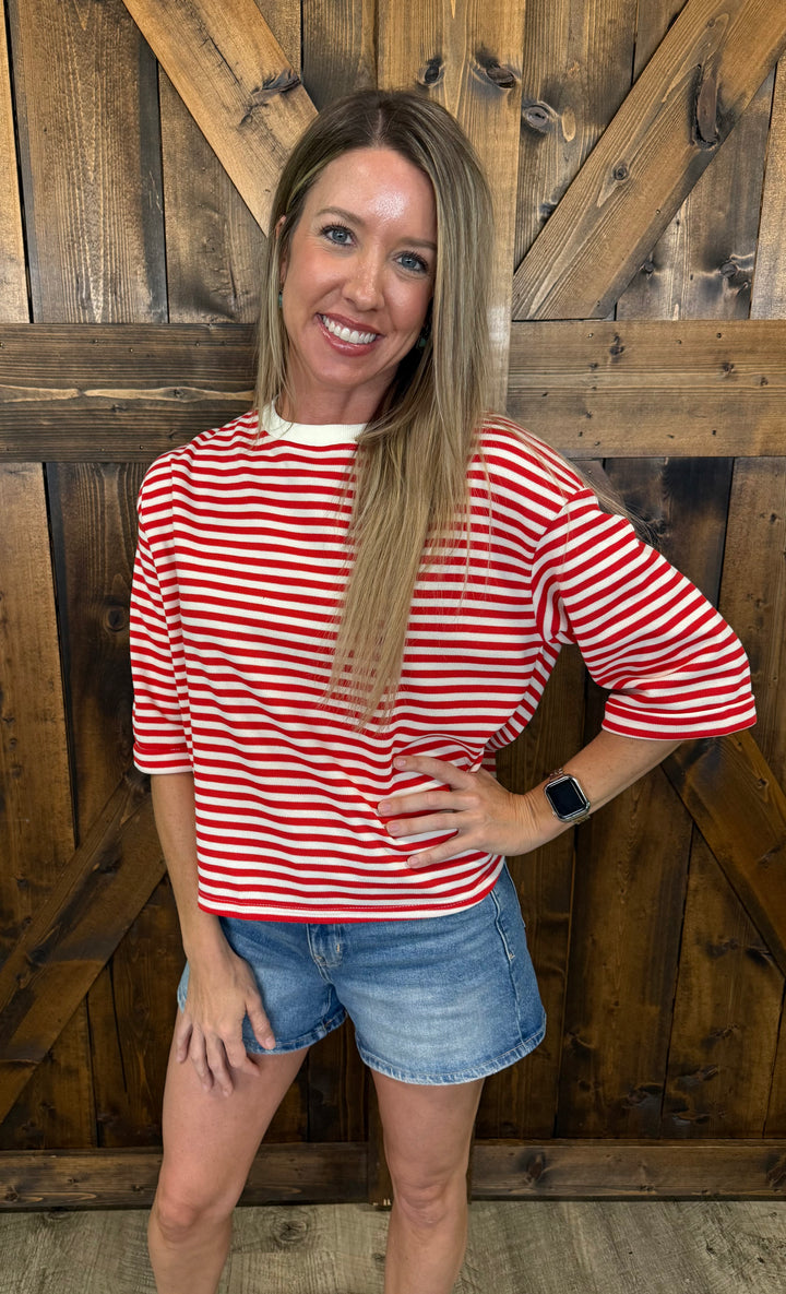 Red Round Neck Striped Back Bow Tie Top