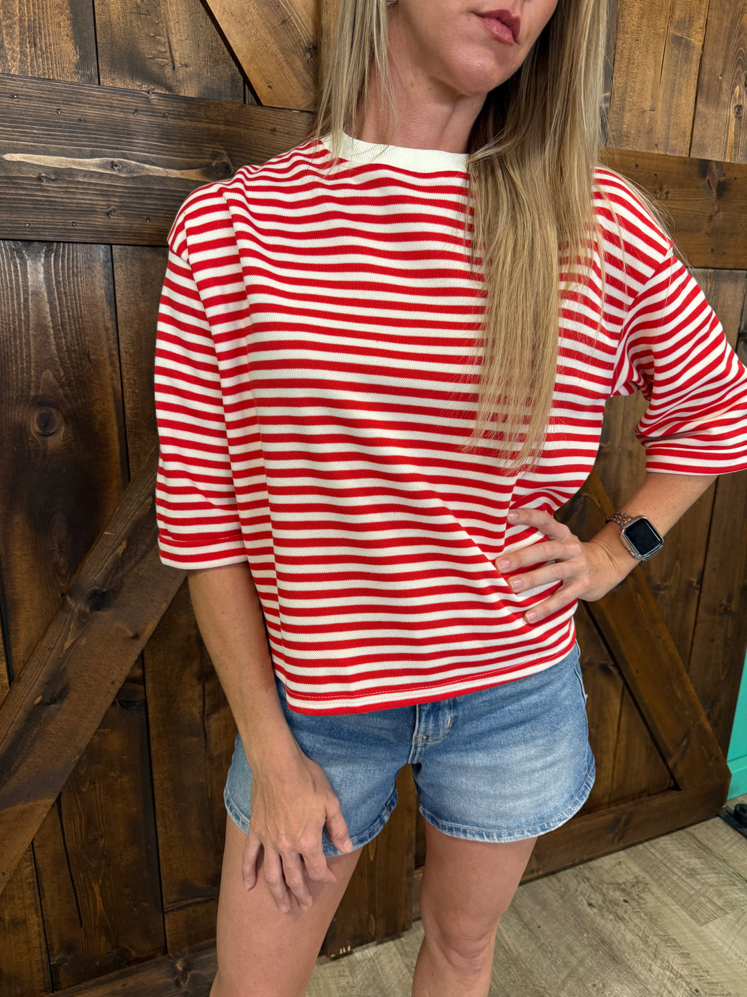 Red Round Neck Striped Back Bow Tie Top