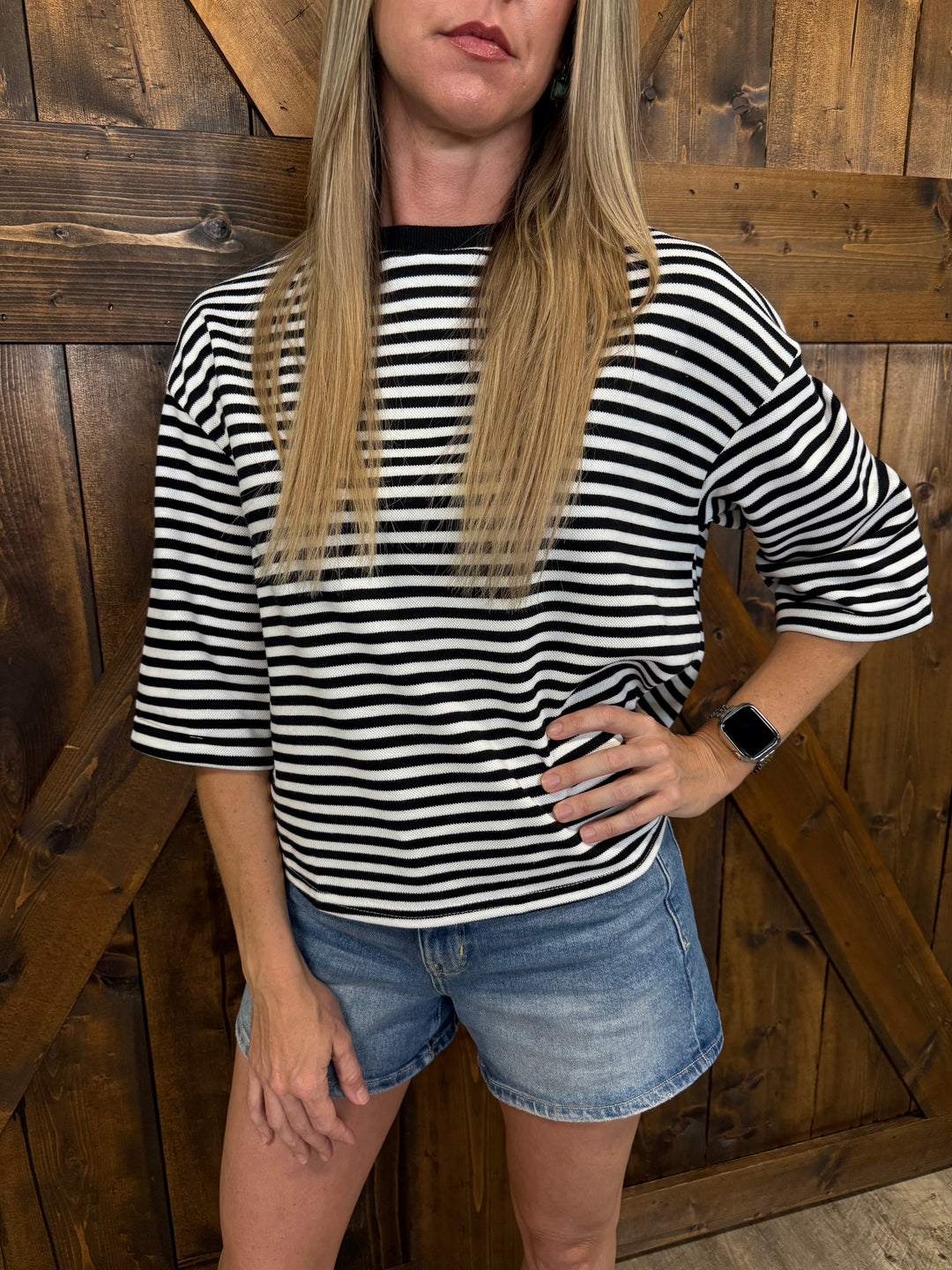 Black Round Neck Striped Back Bow Tie Top