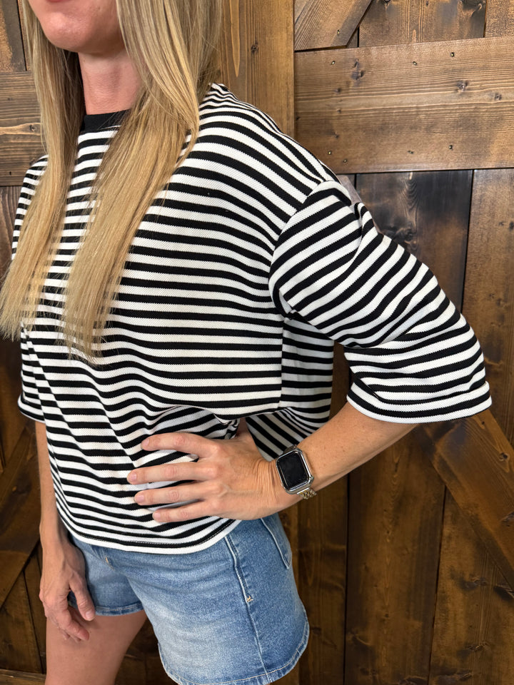 Black Round Neck Striped Back Bow Tie Top