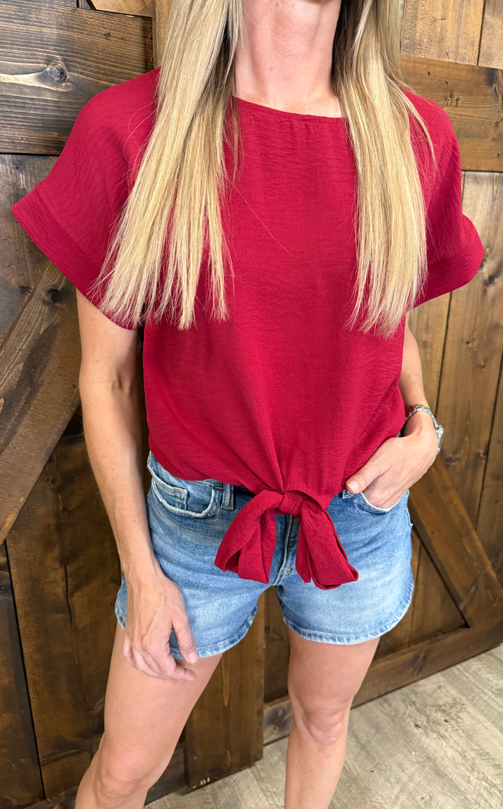 Round Neck Bowknot Hem Short Sleeved Top- 5 Colors