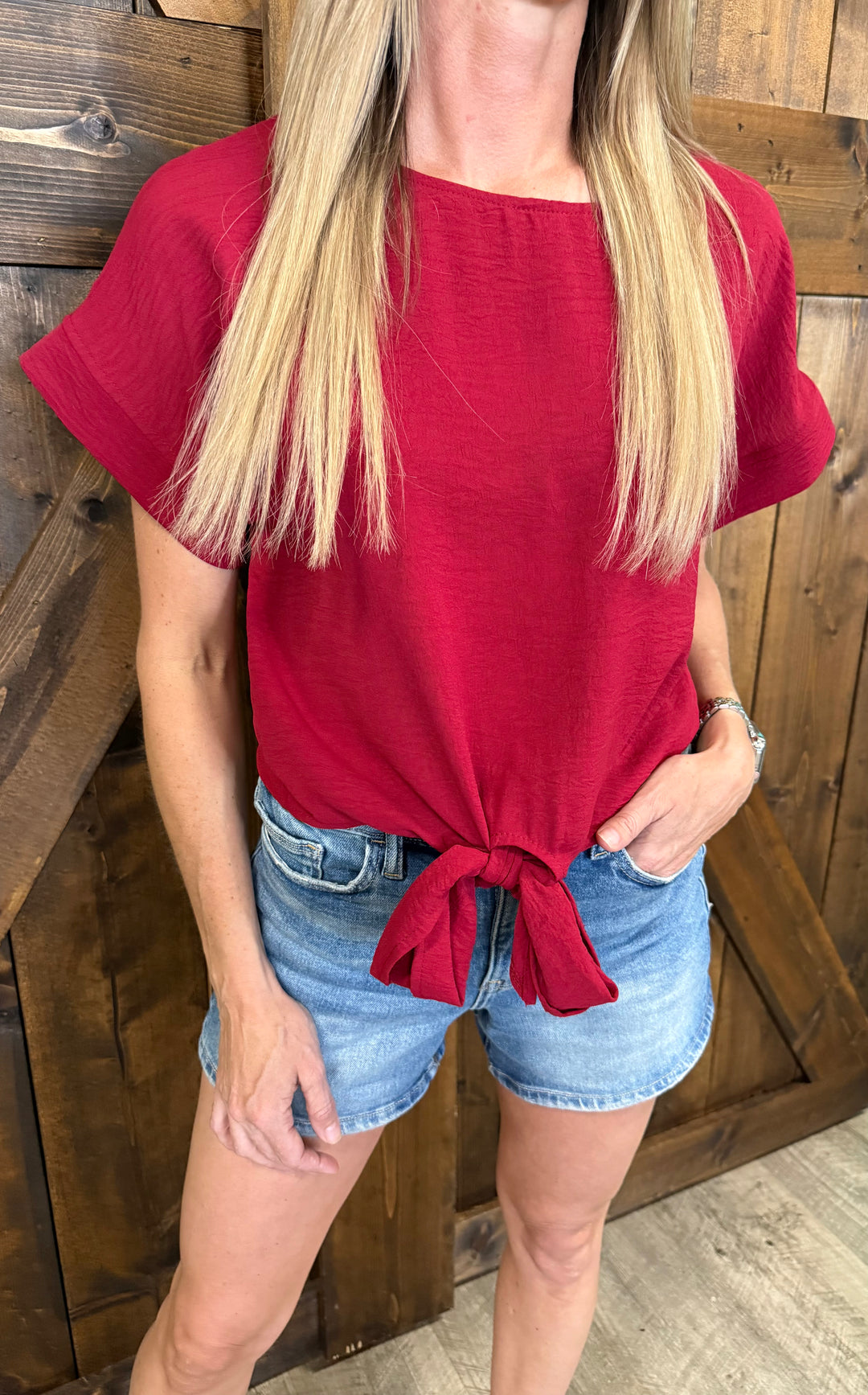 Round Neck Bowknot Hem Short Sleeved Top- 5 Colors