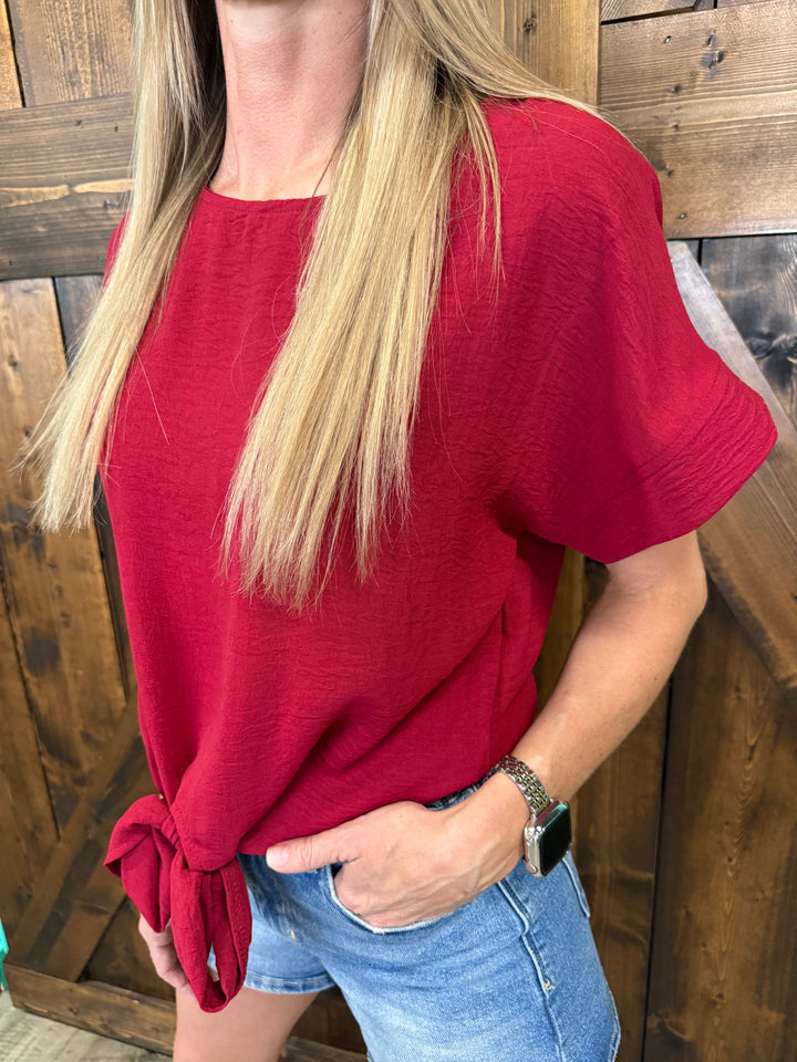 Round Neck Bowknot Hem Short Sleeved Top- 5 Colors