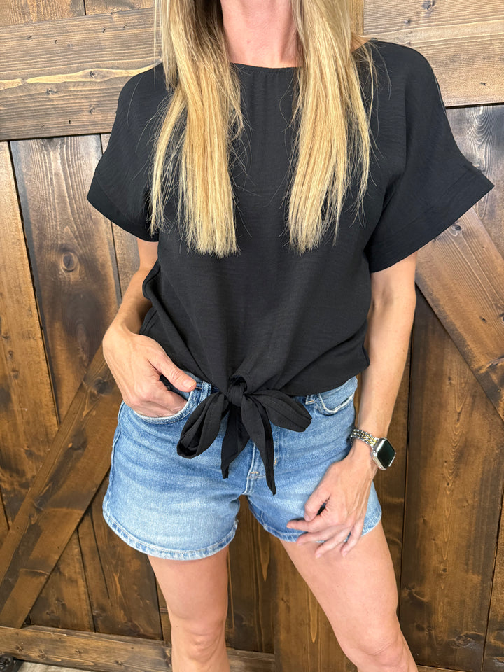 Round Neck Bowknot Hem Short Sleeved Top- 5 Colors