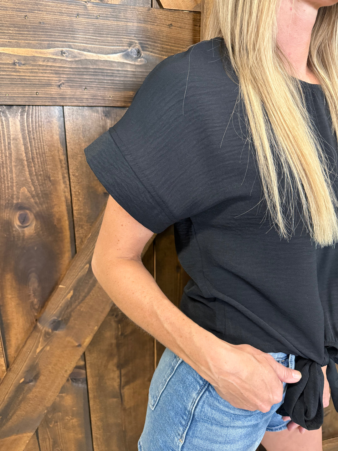 Round Neck Bowknot Hem Short Sleeved Top- 5 Colors