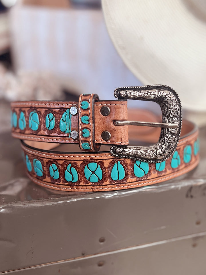 American Darling Hand Painted Turquoise Stones Leather Belt