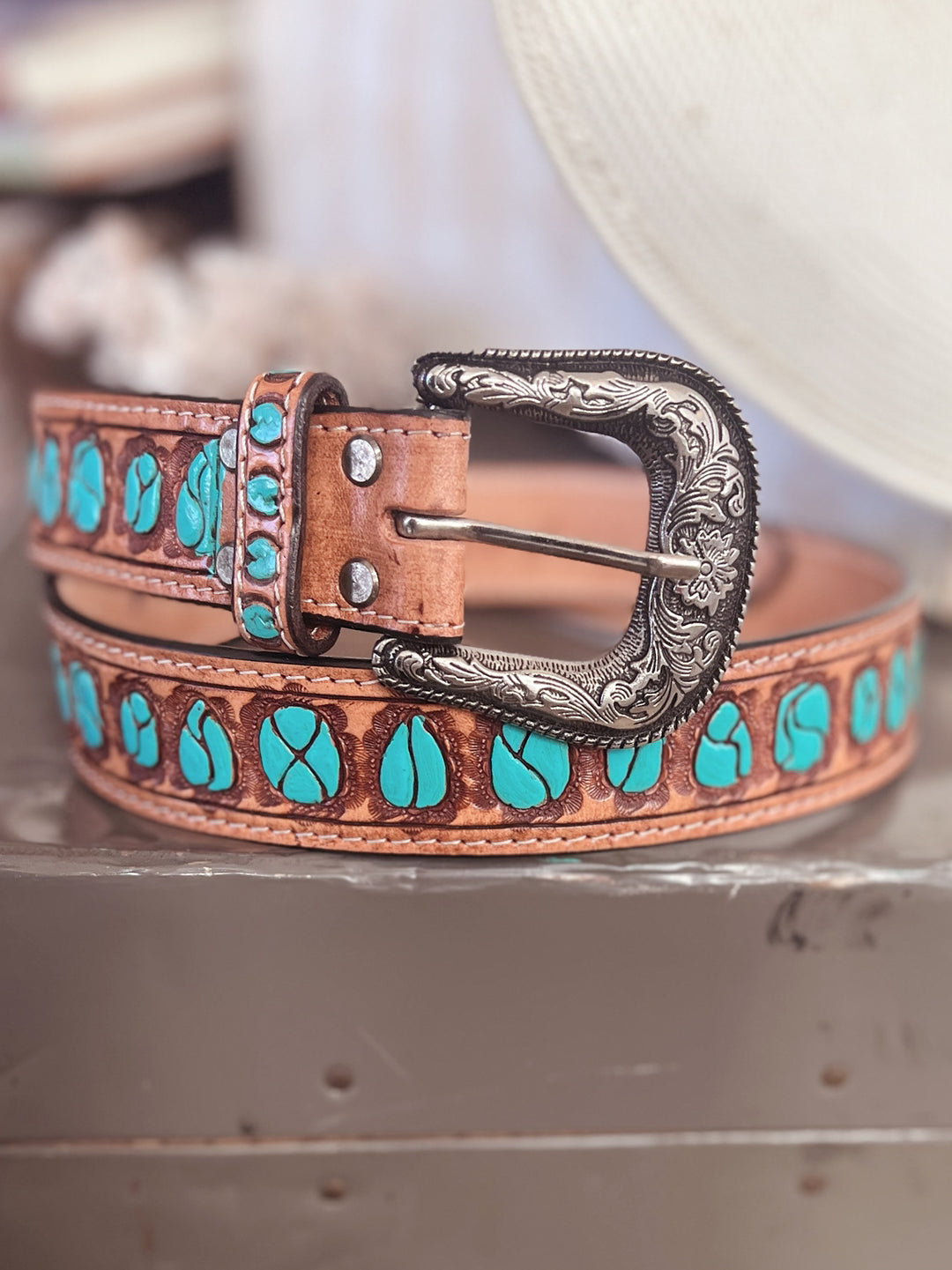 American Darling Hand Painted Turquoise Stones Leather Belt