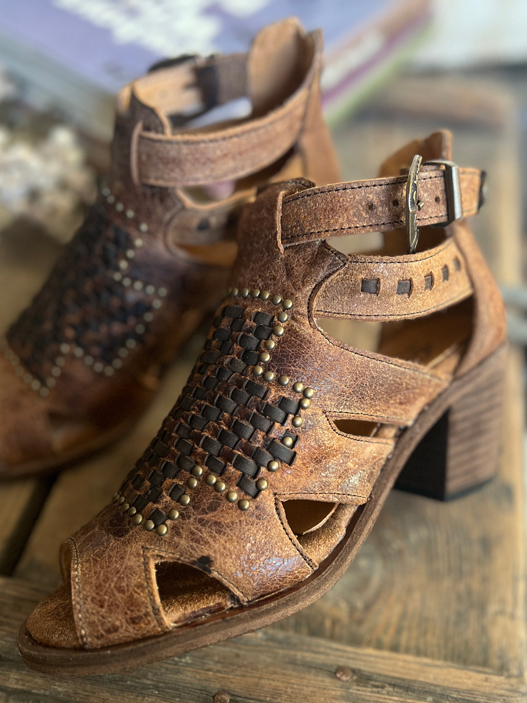 Agave Sky Open Toe Leather Studded Heel Sandal*