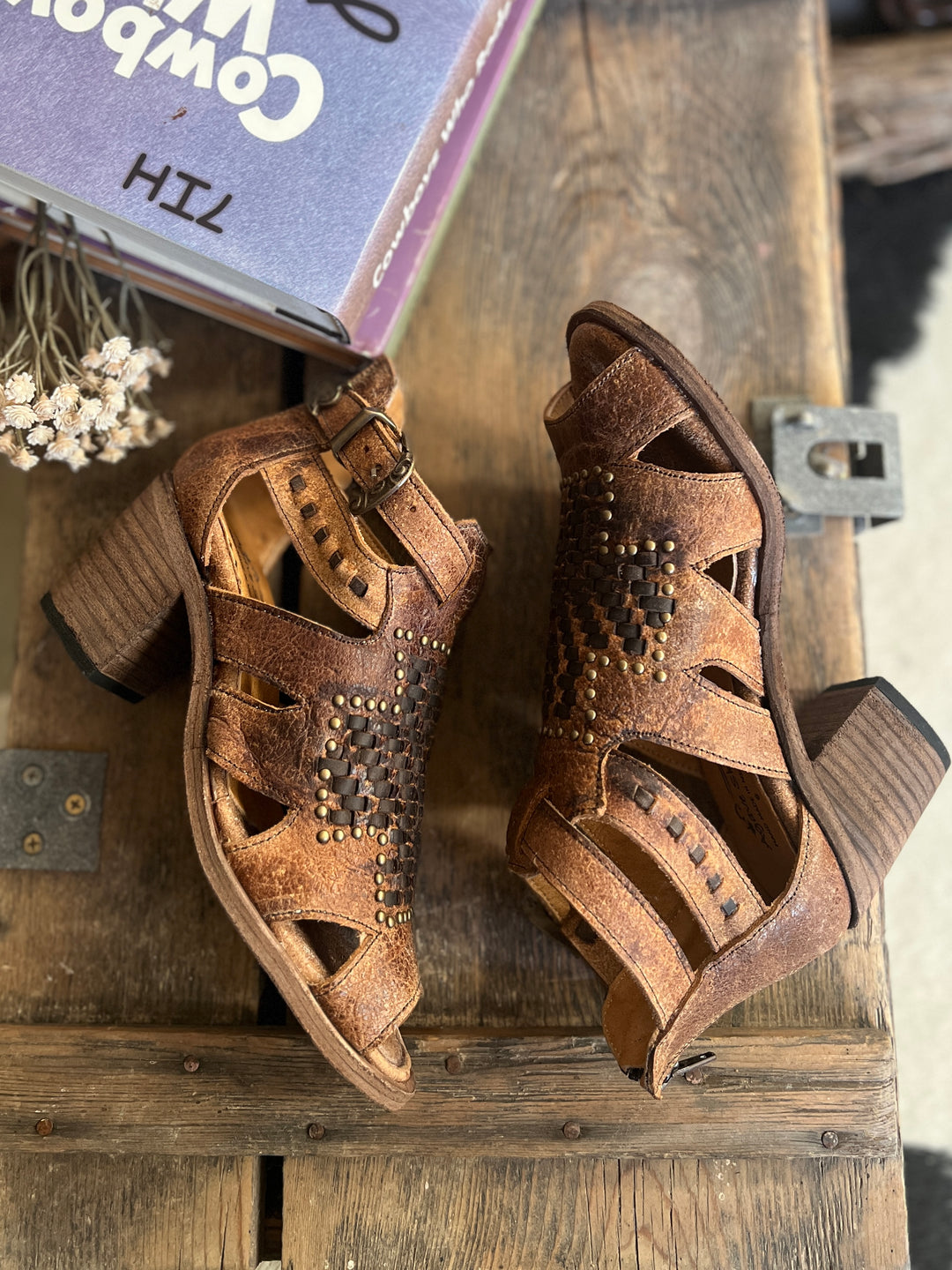 Agave Sky Open Toe Leather Studded Heel Sandal*