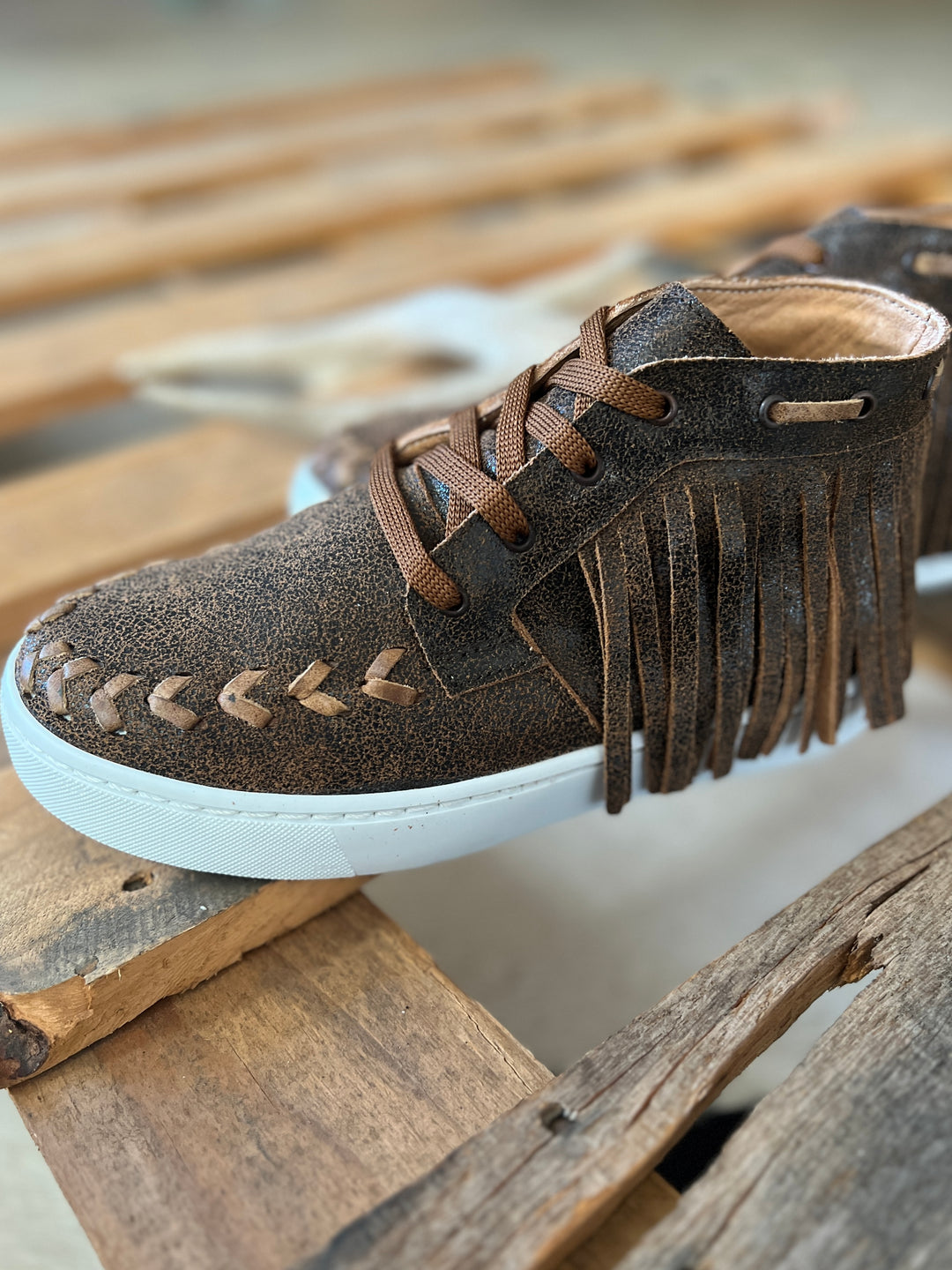 Agave Sky Leather Sneaker with Fringe
