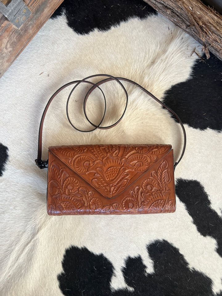 Agave Sky Light Brown Hand Tooled Lather Crossbody