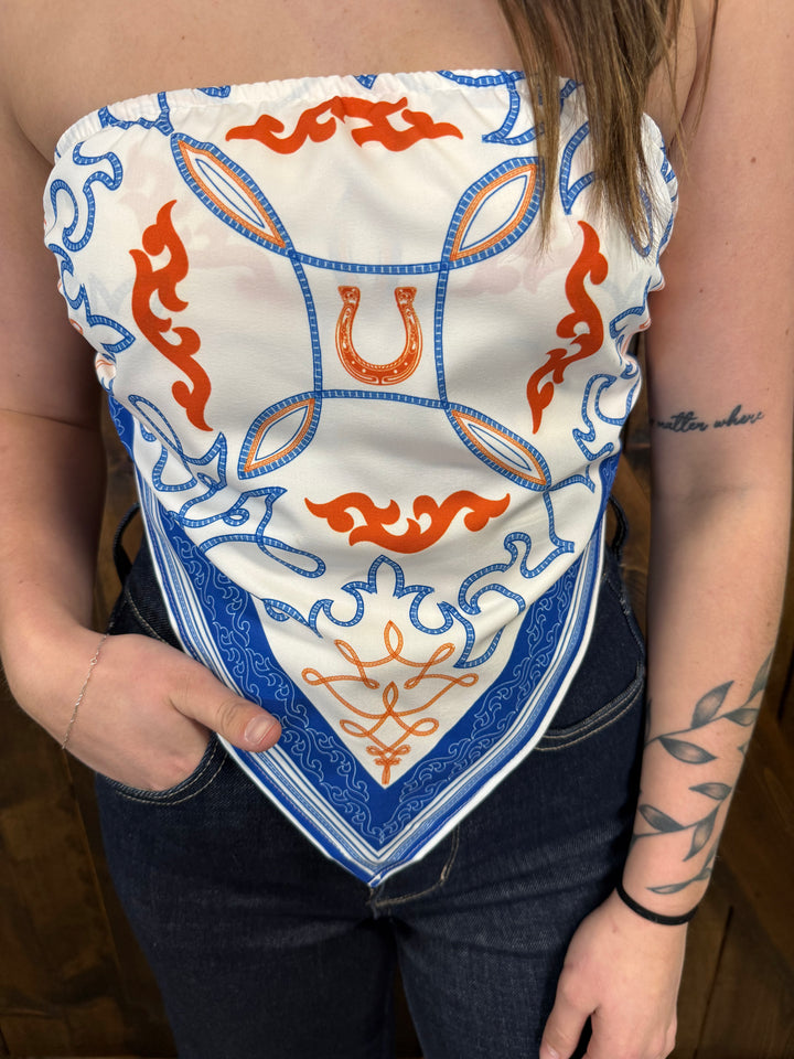 L&B Ivory& Blue Boot Stitch Bandana Corset Top