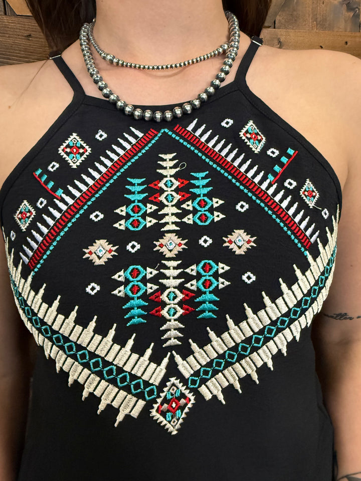 L&B Black Multi Aztec Embroidered Halter Top