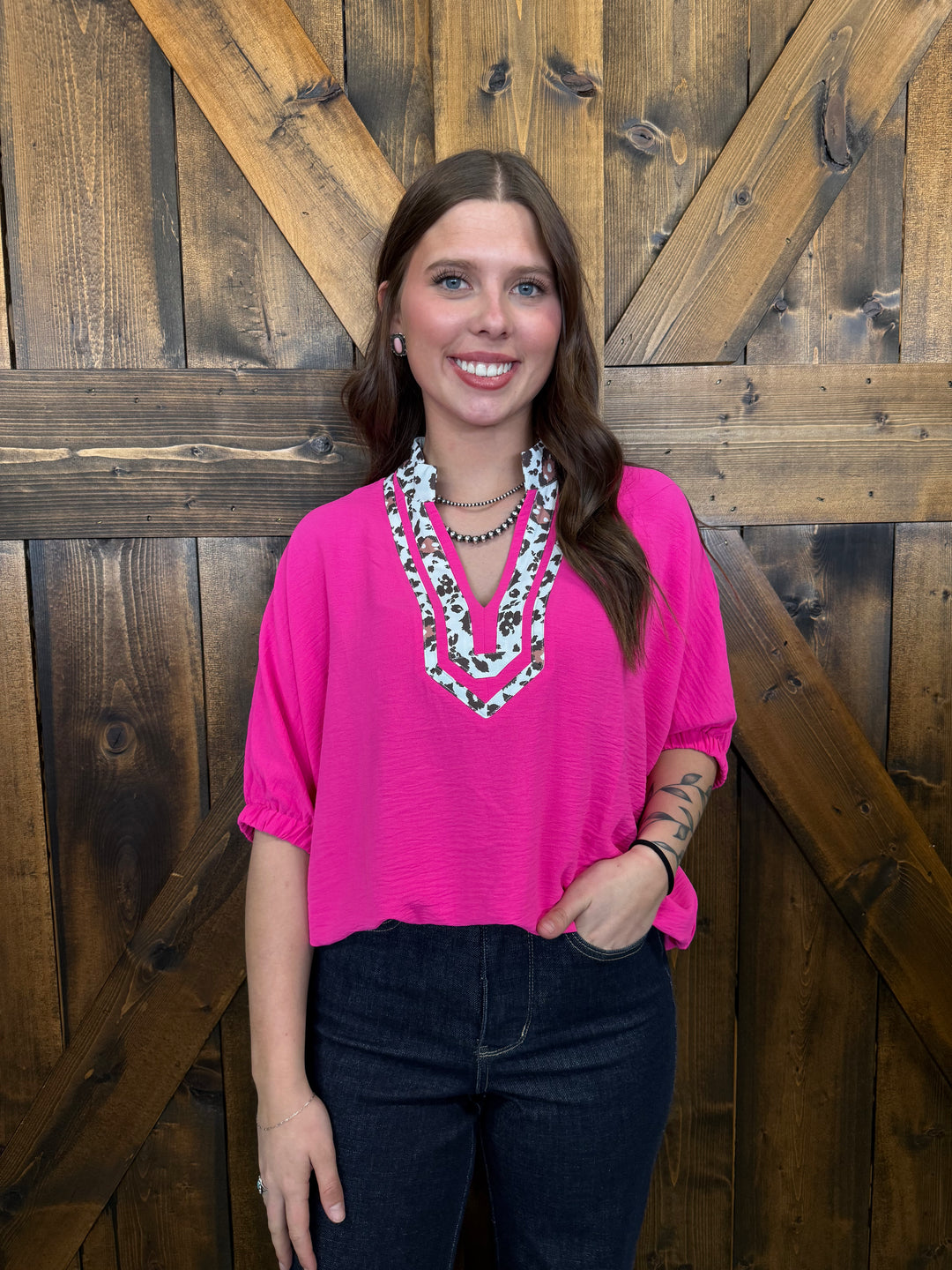 Western Leopard Print Trimmed Half Sleeve Top - 2 Colors