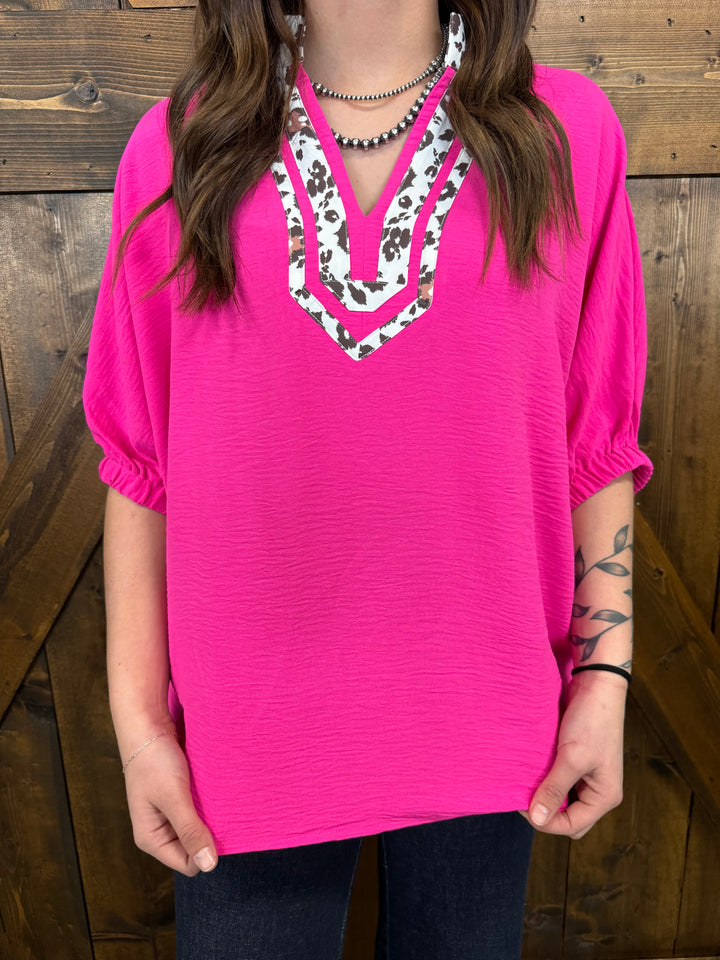 Western Leopard Print Trimmed Half Sleeve Top - 2 Colors