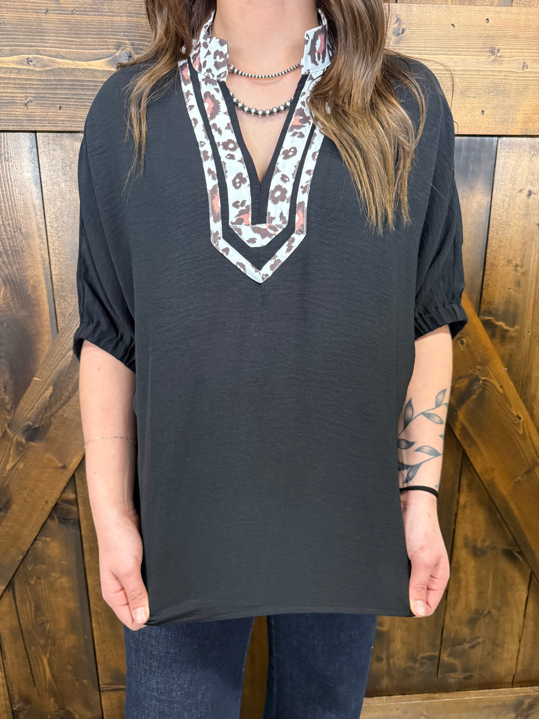 Western Leopard Print Trimmed Half Sleeve Top - 2 Colors