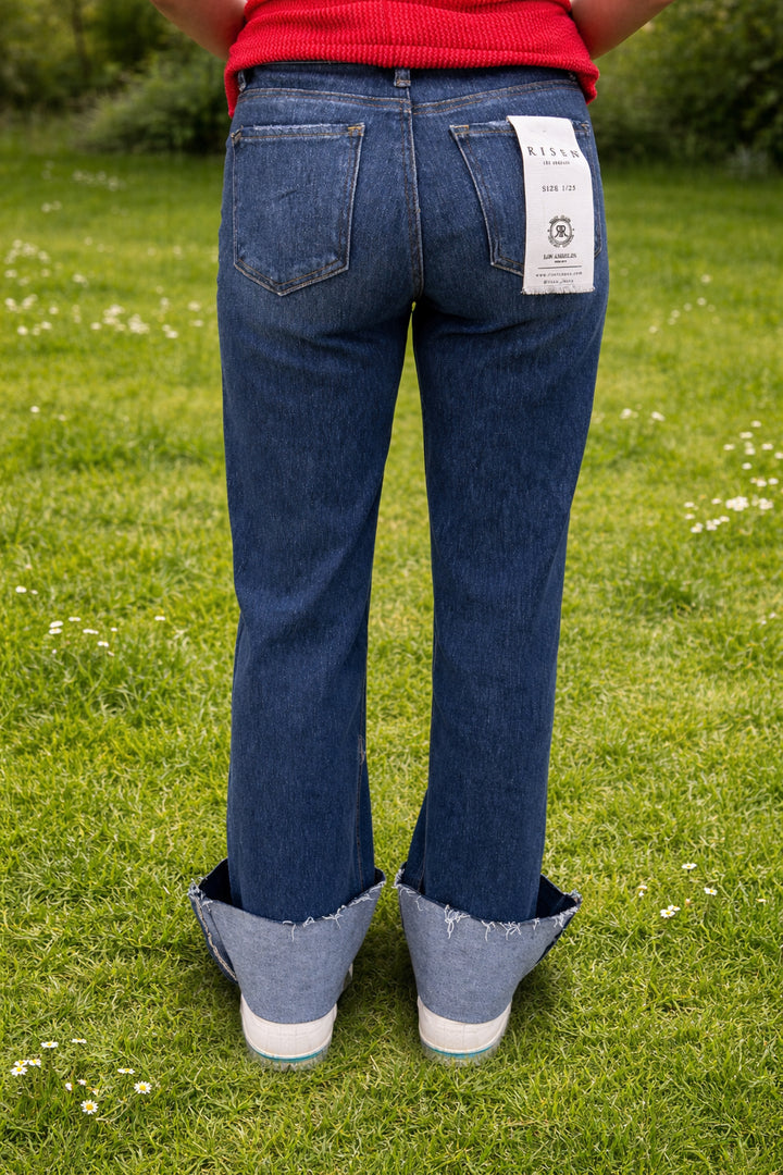 Risen Mid Rise Straight Wide Cuff Jeans