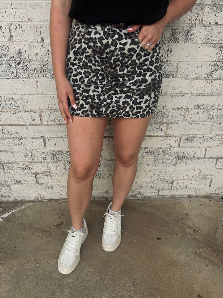 Khaki Leopard Denim Mini Skirt*