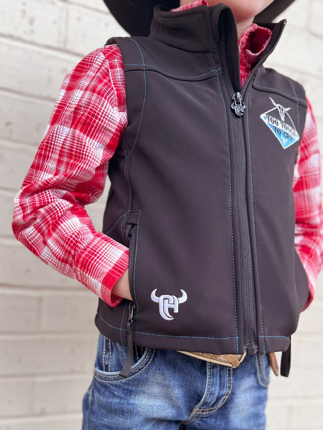 Kids Cowboy Hardware Black Too Tough To Cry Vest | gussieduponline