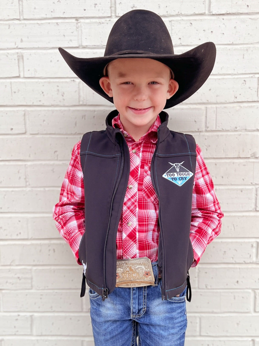 Kids Cowboy Hardware Black Too Tough To Cry Vest | gussieduponline