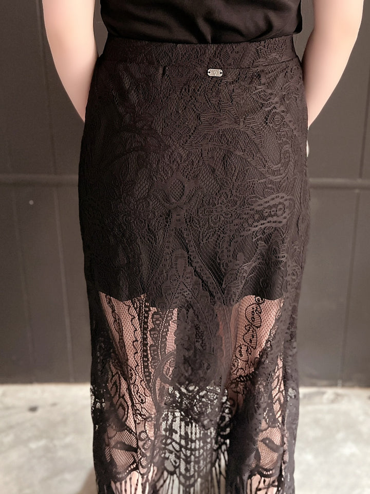 L&B Black Lace Lined Long Skirt With Frayed Hem*