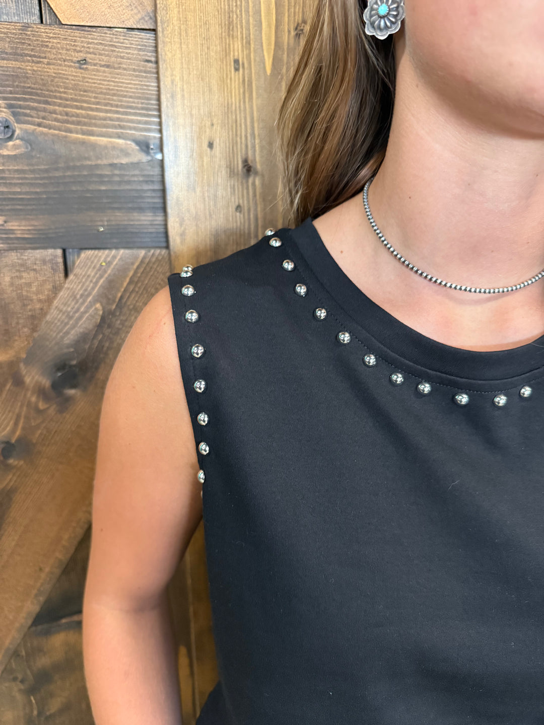 L&B Black Vintage Silver Studded Tank Top