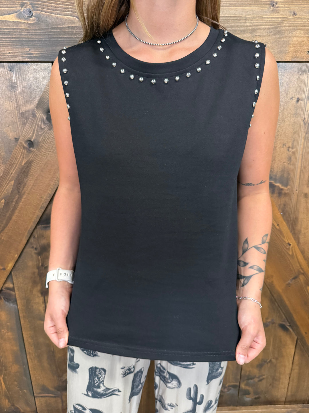 L&B Black Vintage Silver Studded Tank Top