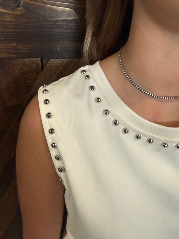 L&B Ivory Vintage Silver Studded Tank Top