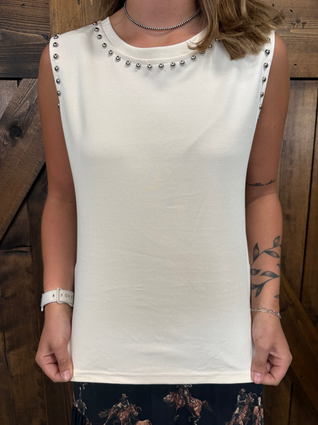 L&B Ivory Vintage Silver Studded Tank Top