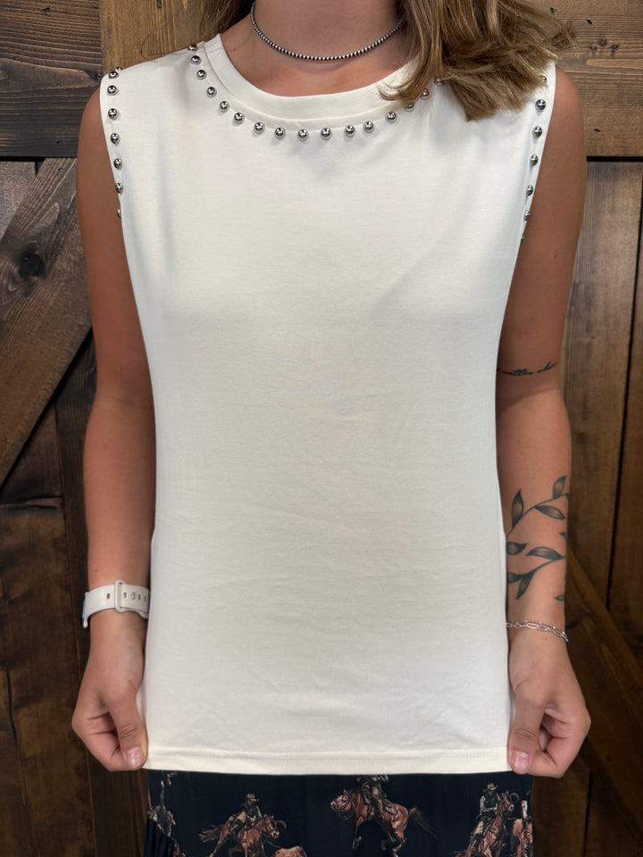 L&B Ivory Vintage Silver Studded Tank Top
