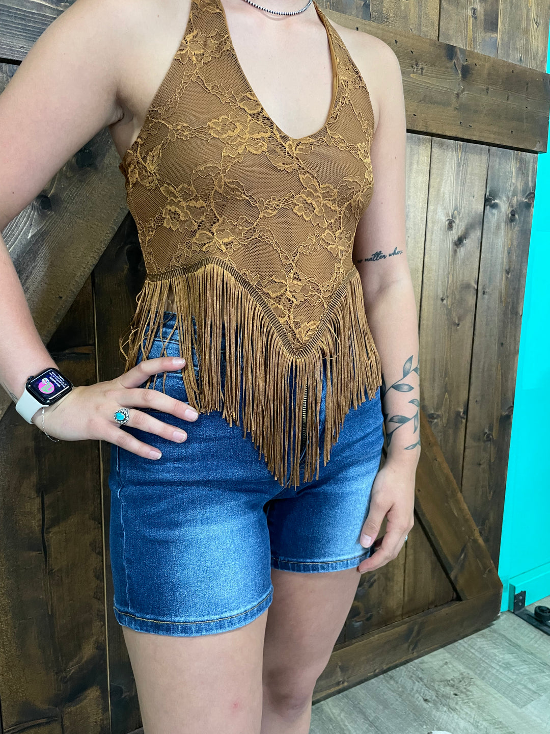 L&B Lace Fringe Hem Halter Top
