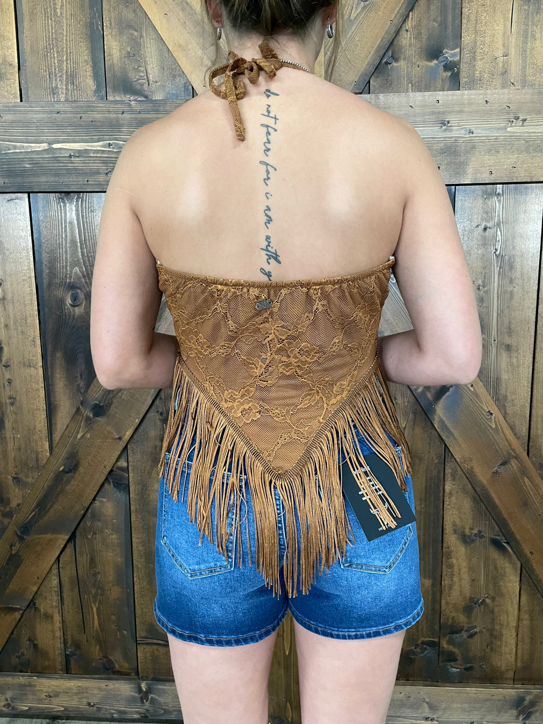L&B Lace Fringe Hem Halter Top